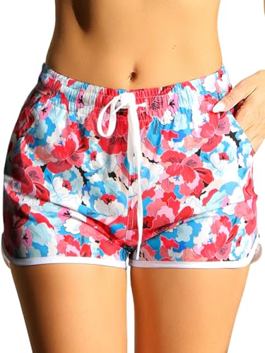 boruizhen Badeshorts Damen Hoch Tailliert mit Seitentaschen - Schnelltrocknende Badebekleidung Frauen UV-Schutz Strand Shorts Schwimmen Rot XS von boruizhen