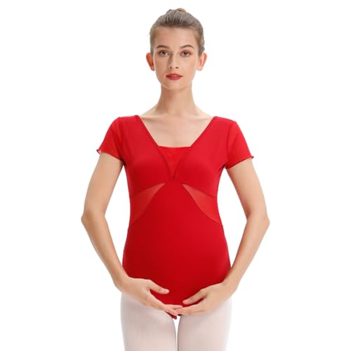 boruizhen Ballett Trikot Damen Turnanzug Mädchen Kurzarm Gymnastikanzug Mesh Tanztrikot mit BH-Pad Rot,M von boruizhen