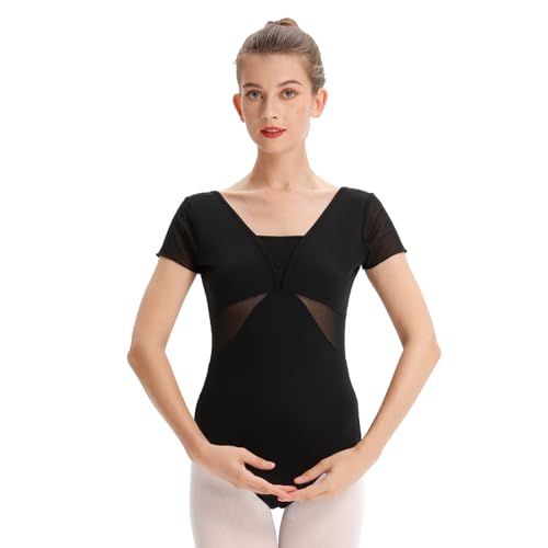boruizhen Ballett Trikot Damen Turnanzug Mädchen Kurzarm Gymnastikanzug Mesh Tanztrikot mit BH-Pad Schwarz,S von boruizhen