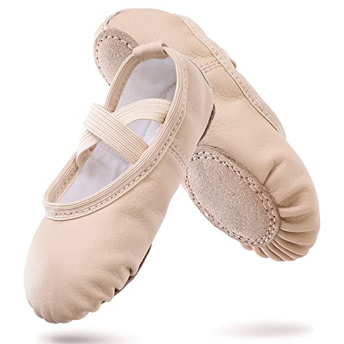 Ballettschuhe Mädchen Leder Ballettschläppchen mit Geteilte Ledersohle Gymnastik Tanzschuhe für Kinder Damen,Beige Eu36 von boruizhen