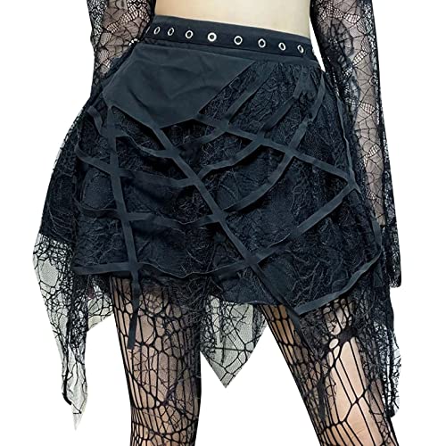 Halloween Kleid Damen, Halloween Gothic Rock Damen Schwarz Kurz Punk Minirock Spinnennetz Quaste Steampunk Skirt Cosplay Party Club Wear High Waist A Linie Faltenrock Rockabilly Partyröcke von boseucn
