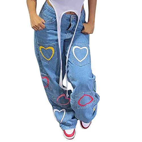 Jeans Damen, Baggy Jeans Damen Low Waist Jeanshose Herzen Drucken Streetwear Elegant Wide Leg Hosen mit Taschen Boyfriend Pants Casual Sommer Teenager Mädchen Damenjeans Freizeithose von boseucn