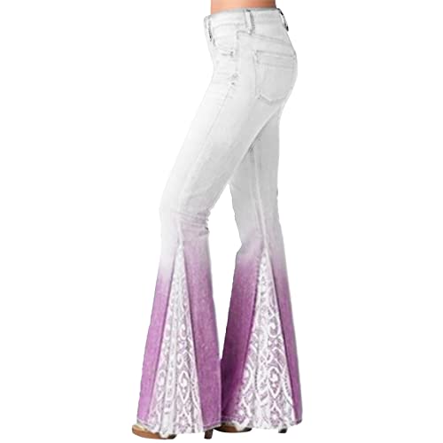 Jeans Damen, Damen Jeans Schlaghose Damen Bootcut Jeans Blumen Bestickt Jeanshosen High Waist Jeans Mode Denim Hose Stretch Flared Jeans mit Tasche Fashion Vintage Schlagjeans (Z13-Purple, XXL) von boseucn