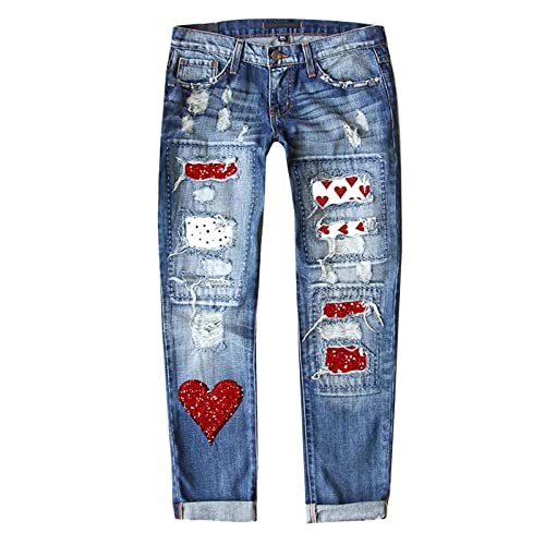 boseucn Jeans Damen, Jeanshose Damen Baggy Low Waist Jeans Destroyed Hose Boyfriend Pants Herzen Drucken E-Girl Streetwear 90er Flare Weites Bein Jeans Casual Bootcut Jeans Straight Leg Freizeithose von boseucn
