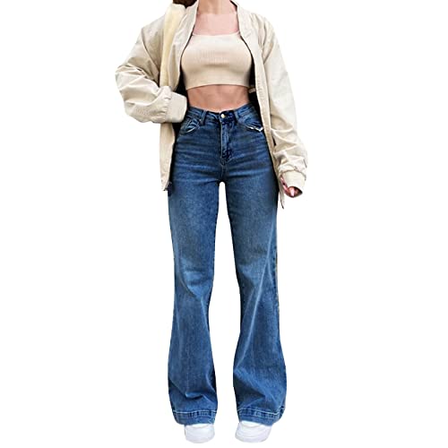 Jeans Damen, Jeanshose Damen Baggy Low Waist Jeans Lässiges Hose Bootcut E-Girl Style Weites Bein Streetwear Boyfriend Jeans mit Taschen Teenager Mädchen Casual Sommer Denim (Z13-Dark Blue, XL) von boseucn