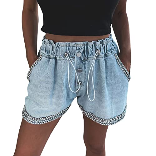 Jeans Shorts Damen, Damen Denim Shorts Pailletten Strass Jeansshorts Hohe Taille Hotpants Shorts Sommer Sommerhose Elastischer Breites Weite Bein Kurzhose Casual Locker Gummiband Hose Shorts von boseucn