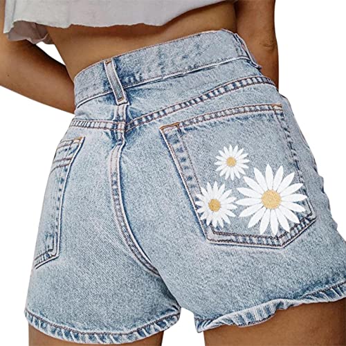 Jeans Shorts Damen, Kurz Jeans Damen Hoher Taille Jeanshose Blumen Drucken Shorts Basic Bermuda Denim Kurze Hose mit Taschen Casual Elegant Sommer Hotpants Jeansshorts Hosen Freizeithose von boseucn
