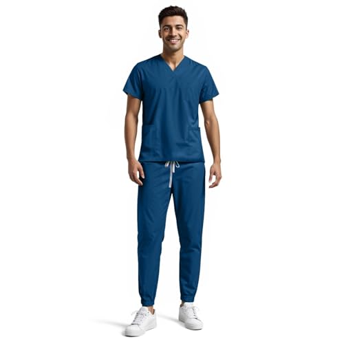 Kasack Herren Pflege Set Unisex Schrubb Set Zweiteiler V-Ausschnitt Kurzarm Tshirt + Lang Hose mit Kordelzug Einfarbig Schnelltrocknend Arbeitskleidung mit Vielen Taschen Sommer Uniform von boseucn