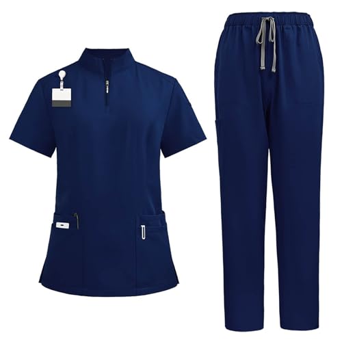 Kasack Herren Pflege Set Unisex Zweiteiler Reißverschluss Kurzarm Tshirt + Lang Hose mit Kordelzug Schrubb Set Einfarbig Schnelltrocknend Arbeitskleidung mit Vielen Taschen Sommer Uniform von boseucn