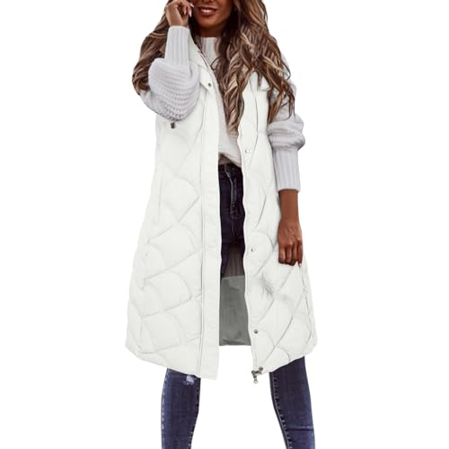 Langweste Damen Daunenweste Weste Steppweste Warmer Daunenmantel Hooded Leichte Gesteppte Lang Weste Jacke Lange Dicker Lose Slim Zip Gilet Für Damen Mädchen Winter Wintermantel (Z131-White, M) von boseucn