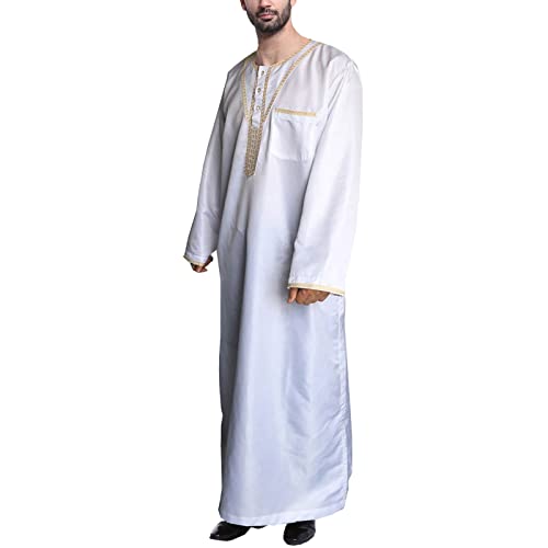 Muslim Kaftan Herren, Herren Kaftan Rundhals Roben Langarm Thobe Muslimische Kleidung Lange Abaya Lässiges Sommer Große Größen Lose Männer Dubai Islamisch Ramadan Gebetskleidung von boseucn