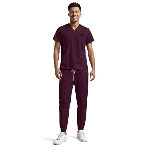 Pflege Kleidung Herren Set Unisex Kasack Zweiteiler V-Ausschnitt Kurzarm Tshirt + Lang Hose mit Kordelzug Schrubb Set Einfarbig Schnelltrocknend Arbeitskleidung mit Vielen Taschen Uniform von boseucn