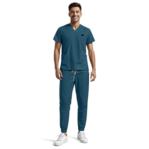 Pflege Kleidung Herren Set Unisex Kasack Zweiteiler V-Ausschnitt Kurzarm Tshirt + Lang Hose mit Kordelzug Schrubb Set Einfarbig Schnelltrocknend Arbeitskleidung mit Vielen Taschen Uniform von boseucn
