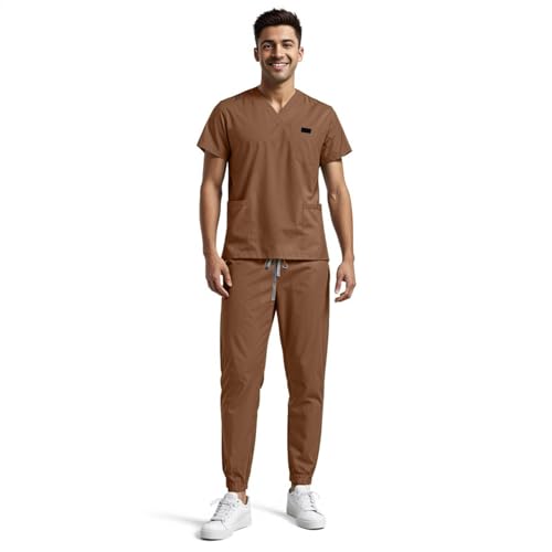 Pflege Kleidung Herren Set Unisex Kasack Zweiteiler V-Ausschnitt Kurzarm Tshirt + Lang Hose mit Kordelzug Schrubb Set Einfarbig Schnelltrocknend Arbeitskleidung mit Vielen Taschen Uniform von boseucn