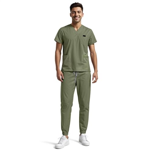 Pflege Kleidung Herren Set Unisex Kasack Zweiteiler V-Ausschnitt Kurzarm Tshirt + Lang Hose mit Kordelzug Schrubb Set Einfarbig Schnelltrocknend Arbeitskleidung mit Vielen Taschen Uniform von boseucn