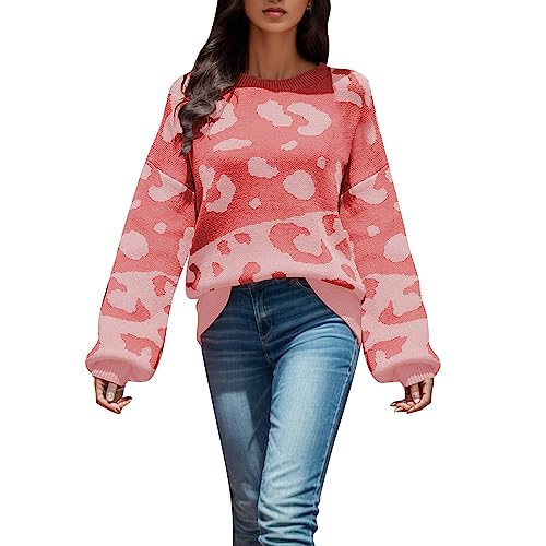 Pullover Damen, Damen Strickpullover Rundhals Leopardenmuster Lose Casual Pullover Warm Langarm Oberteil Tops Sweater Elegant Herbst Winter Pulli Sweatshirt Shirt Strickpulli Langarmshirt von boseucn