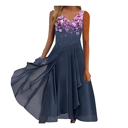 Sommerkleid Damen, Abendkleid Lang Pailletten Chiffon Elegant Partykleid Einfarbig Patchwork Brautkleid Spitze Hoch Taille Chiffonkleid Hochzeitskleid Midikleid V-Ausschnitt,Z14 Rosa,XXL von boseucn