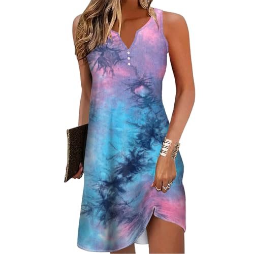 Sommerkleid Damen Knielang Boho Ärmellos Knopfleiste V Ausschnitt Sexy A-Linie Kurz Kleid Strandkleid Elegant MiniKleid Frühling Sommer Kleider Freizeitkleid Lose T-Shirt Kleid Blumenkleid von boseucn