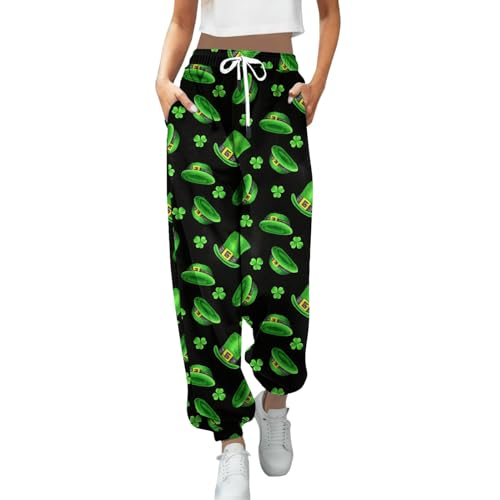 St Patricks Day Damen Leggings, Jogginghose Damen Hose mit Taschen Kordelzug Hohe Taille Sweatpants 3D-Druck Grüne Sporthose Damenmode Baggy Lounge Hose Sommer Fitness Laufen Freizeithose von boseucn