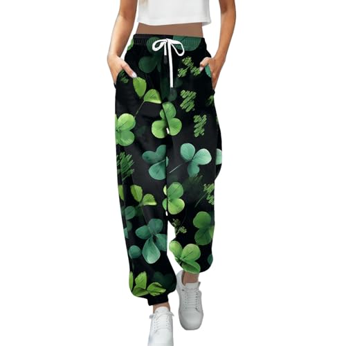 St Patricks Day Damen Leggings, Jogginghose Damen Hose mit Taschen Kordelzug Hohe Taille Sweatpants 3D-Druck Grüne Sporthose Damenmode Baggy Lounge Hose Sommer Fitness Laufen Freizeithose von boseucn