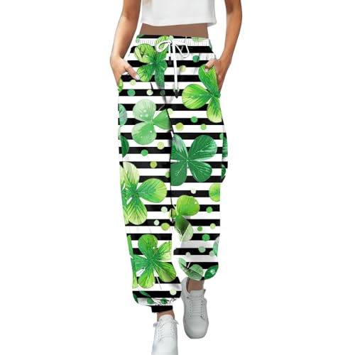 St Patricks Day Damen Leggings, Jogginghose Damen Hose mit Taschen Kordelzug Hohe Taille Sweatpants 3D-Druck Grüne Sporthose Damenmode Baggy Lounge Hose Sommer Fitness Laufen Freizeithose von boseucn