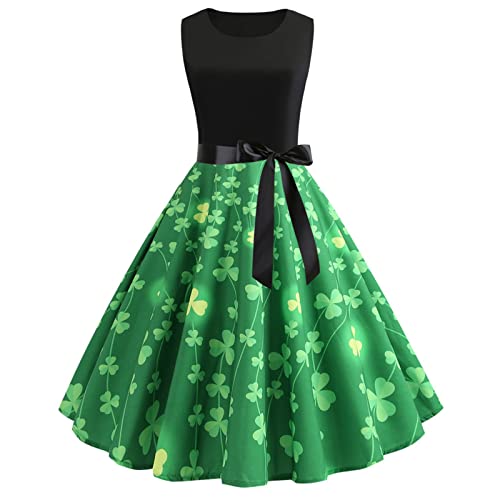 boseucn St. Patricks Day Kostüm Damen, Damen Kleider Ärmellos Kurz Kleid Vierblättriges Kleeblatt Druck Rock Vintage Festliche Kleider Casual Herbst Winter Cocktailkleid Abendkleider Minikleid von boseucn
