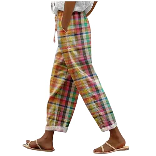 boseucn 2024 Sommerhose Damen Leicht Strandhosen mit Taschen Lose Gerade Hosen Damen Hose 7/8 Bunt Drucken Leinen Hosen Elastische Casual Weites Bein Stoffhose Bequeme Leicht und Luftig Freizeithose von boseucn