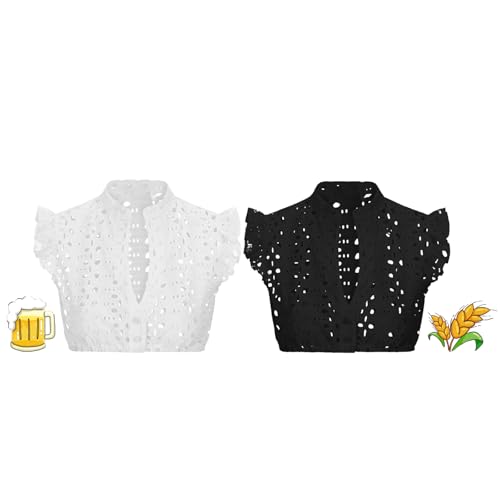 boseucn 2PC Dirndlbluse Damen Flügelärmel Trachtenbluse Kurzarm Hochgeschlossen V Ausschnitt Dirndlblusen Weiß Schwarz Oktoberfest Kostüm Halbarm Elegante Spitzenbluse Schulterfrei Tracht Bluse von boseucn