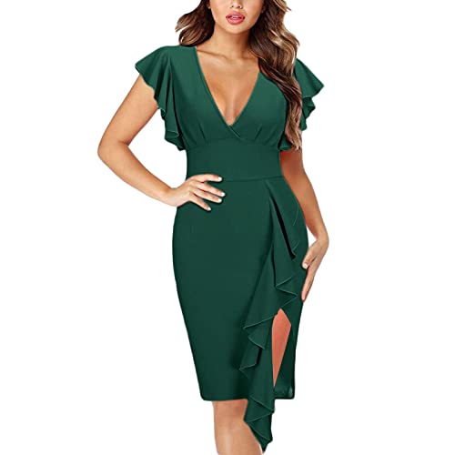 boseucn Abendkleider Damen, Partykleid Damen V-Ausschnitt Rüschen Sexy Schlitz Kleider Einfarbig High Waist Bodycon Cocktailkleid Knielang Minikleid Casual Frauen Elegant Abendkleider Ballkleid von boseucn