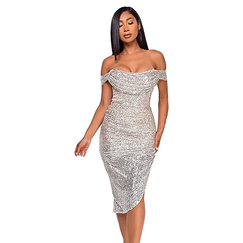 boseucn Abendkleider Glitzer Lang, Ballkleider Glitzer Partykleid Pailletten Kleid Damen Sexy Bodycon Abendkleid Elegant Cocktailkleid Schulterfrei Kleider Paillettenkleid Bleistiftkleid Maxikleid von boseucn