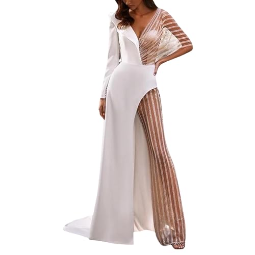 boseucn Abendkleider Glitzer Lang, Partykleid V-Ausschnitt Langarm Pailletten Kleid Damen Glitzer Abendkleider Sexy Schlitz Abendkleid Elegant Cocktailkleid Kleider Chiffon Paillettenkleid von boseucn