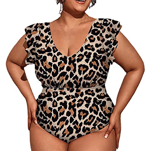 boseucn Badeanzug Damen Große Größe, Damen Monokini Einteiliger Sexy Bauchweg Swimsuit Sommer Große Brüste Push Up Bademode Leopard Badeanzüge V Ausschnitt für Mollige Frauen Elegant Schwimmanzug von boseucn