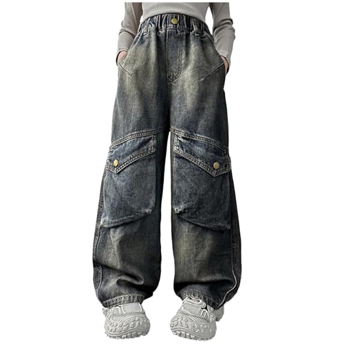 boseucn Baggy Jeans Jungen, Pants Jungs Mode Lose Fit Outdoorhose Teenager Cargohose Breite Hosen High Waist Freizeithose Weites Bein Straight Jeanshose mit Elastischem Bund Wide Leg Kinder Denimhose von boseucn
