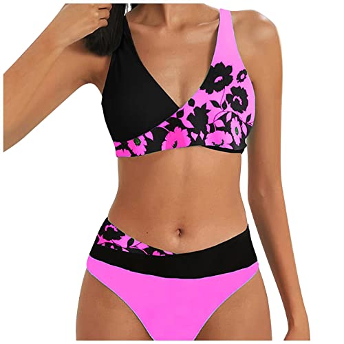 boseucn Bikini Damen Set, Bikini Damen Bauchweg Zweiteiliger Sexy Push Up Badeanzug Muster Druck V Ausschnitt Badeanzüge High Waist Bademode Bauchkontrolle Sommer Frauen 2pc Bikini Sets Schwimmanzug von boseucn