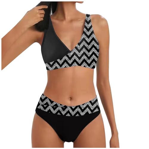 boseucn Bikini Damen Set, Bikini Damen Bauchweg Zweiteiliger Sexy Push Up Badeanzug Muster Druck V Ausschnitt Badeanzüge High Waist Bademode Bauchkontrolle Sommer Frauen 2pc Bikini Sets Schwimmanzug von boseucn