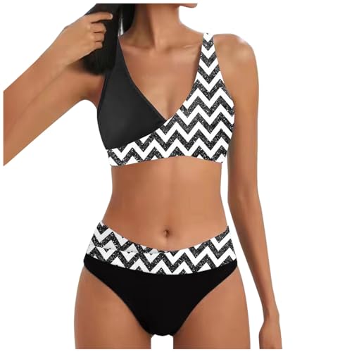 boseucn Bikini Damen Set, Bikini Damen Bauchweg Zweiteiliger Sexy Push Up Badeanzug Muster Druck V Ausschnitt Badeanzüge High Waist Bademode Bauchkontrolle Sommer Frauen 2pc Bikini Sets Schwimmanzug von boseucn