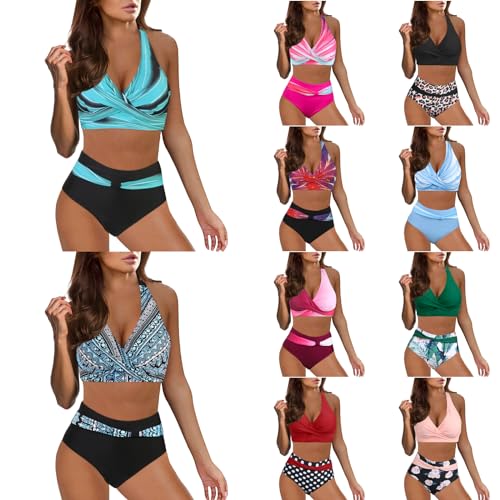 boseucn Bikini Damen Set, Bikini Damen Bauchweg überkreuztes Zweiteiliger V Ausschnitt Drucken Push Up Badeanzug Crossback Sexy Badeanzüge High Waist Bademode Bauchkontrolle Sommer 2pc Bikini Sets von boseucn