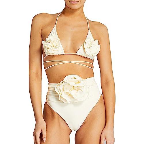 boseucn Bikini Damen Set, Triangel Bikini Damen Bauchweg Zweiteiliger Badeanzug High Waist Sommer Push Up Bademode Frauen Elegant Einfarbig Blumen Neckholder Badeanzüge V Ausschnitt Schwimmanzug von boseucn