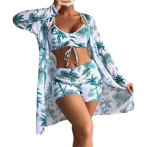 boseucn Bikini Damen Set 3 Teilig, Bikini Damen Bauchweg 3 Teilig Badeanzug Bikinioberteil + Badehose + Strickjacke Spaghetti Träger Ahornblatt Drucken V Ausschnitt High Waist Push Up Bademode von boseucn