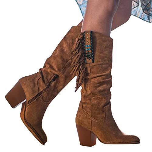 boseucn Boots Damen Schwarz Leder, Damen Stiefel mit Absatz Fransenstiefel Kniehohe Stiefeletten Flache Absätze Fransen Warm Cowboy-Stiefel Lange Schuhe Boots Ankle Boots Winterschuhe Vintage von boseucn