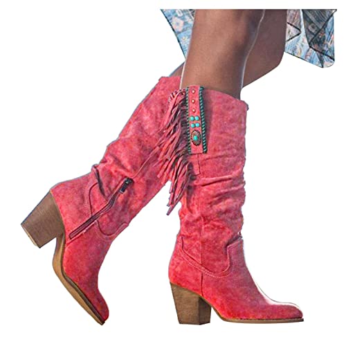 boseucn Boots Damen Schwarz Leder, Damen Stiefel mit Absatz Fransenstiefel Kniehohe Stiefeletten Flache Absätze Fransen Warm Cowboy-Stiefel Lange Schuhe Boots Winterschuhe Boots Vintage Spitz Ankle von boseucn