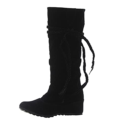 boseucn Boots Damen Schwarz Leder, Damen Stiefel mit Absatz Fransenstiefel Kniehohe Stiefeletten Flache Absätze Fransen Warm Cowboy-Stiefel Lange Schuhe Boots Winterschuhe Boots Vintage Spitz Ankle von boseucn