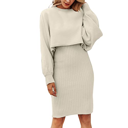 boseucn Damen Elegante Strickkleid, Herbst Kleider Damen Langarm Lazy Style Modisches festes Strickkleid Zweiteiliges mittellanges Wollkleid Strickkleider Damen Winter Warm Sweater Midi von boseucn