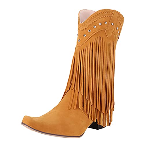 boseucn Damen Hohe Stiefel, Damen Stiefel mit Absatz Fransenstiefel Kniehohe Stiefeletten Flache Absätze Fransen Warm Cowboy-Stiefel Lange Schuhe Boots Winterschuhe Ankle Boots Vintage Spitz von boseucn