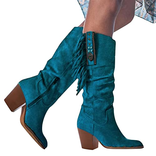 boseucn Damen Hohe Stiefel, Damen Stiefel mit Absatz Fransenstiefel Kniehohe Stiefeletten Flache Absätze Fransen Warm Cowboy-Stiefel Lange Schuhe Boots Winterschuhe Ankle Boots Vintage Spitz von boseucn