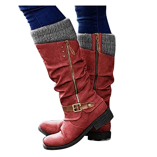 boseucn Damen Hohe Stiefel, Damen Stiefel mit Absatz Fransenstiefel Kniehohe Stiefeletten Flache Absätze Fransen Warm Cowboy-Stiefel Lange Schuhe Boots Winterschuhe Ankle Boots Vintage Spitz von boseucn