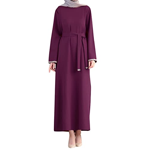 boseucn Damen Muslimisches Kleid, Damen Muslim Roben Muslimische Frauen Lange Einfarbig Maxi Kleid Robe Abaya Islamische Dubai Ramadan Muslimische Langarm langes Kleidung mit Gürtel Gebetskleidung von boseucn