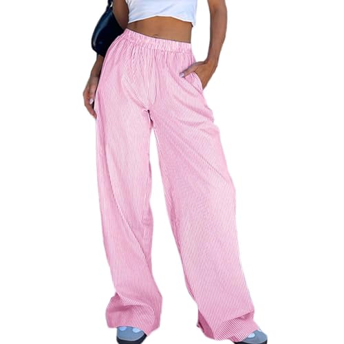 boseucn Gestreifte Loungehose für Damen Locker Gerade Lange Hose mit Taschen Streifen Freizeithose Streetwear Musselin Sommerhose Weitem Bein Elastische Pyjamahose Damen Y2k Gestreifte Hosen von boseucn