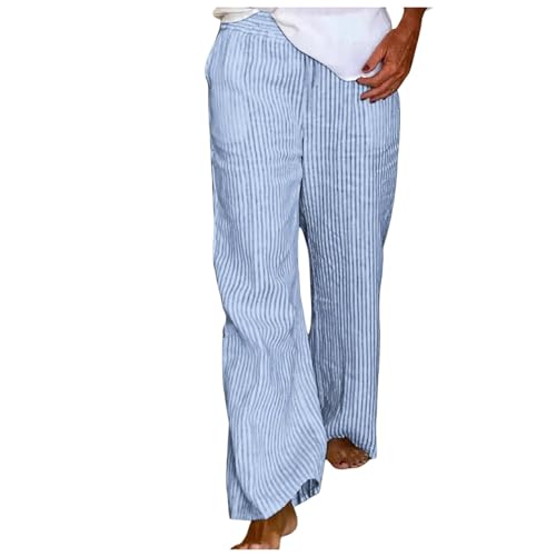 boseucn Gestreifte Loungehose für Damen Locker Gerade Lange Hose mit Taschen Streifen Freizeithose Streetwear Musselin Sommerhose Weitem Bein Elastische Pyjamahose Damen Y2k Gestreifte Hosen von boseucn