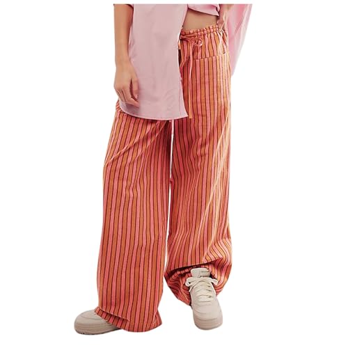 boseucn Gestreifte Loungehose für Damen Weitem Bein Elastische Kordelzug Pyjamahose Streetwear Musselin Sommerhose Streifen Freizeithose Locker Gerade Lange Hose mit Taschen Y2k Gestreifte Hosen von boseucn